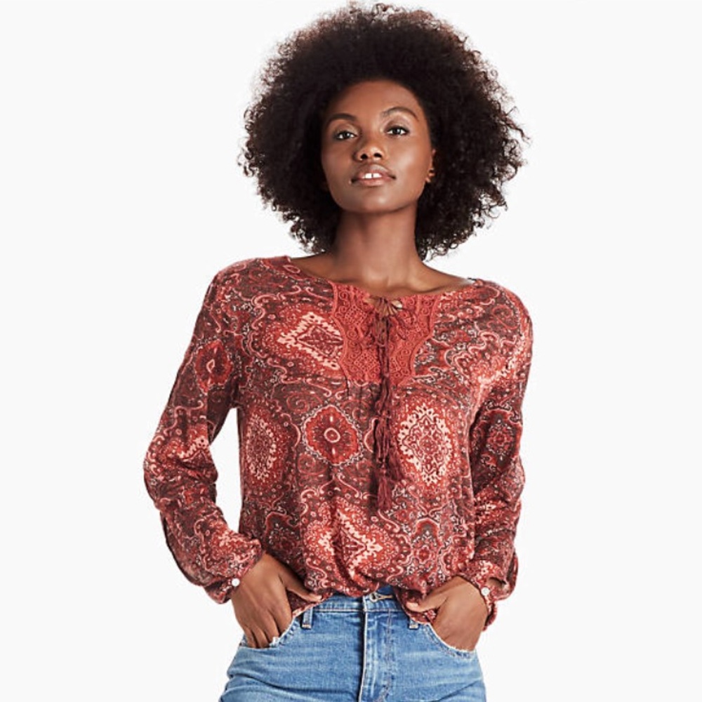 NWT Lucky Brand Geo Print Lace Peasant Blouse